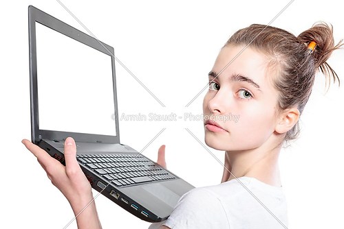 portrait of a woman holding a laptop in front of her face, isola