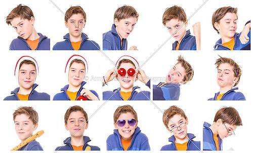 collection of male teenager portraits, isolated on white
