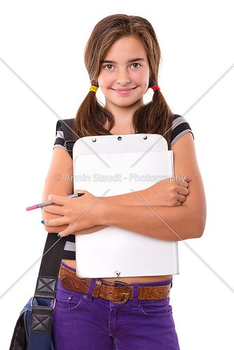 teenage girl with clipboard and pencil smiling, isolated on whit