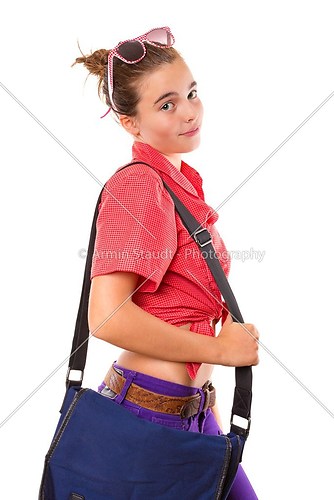teenage girl with bag and sunglasses ready to go to school, isol