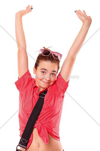 lucky teenage girl streching here arms, isolated on white