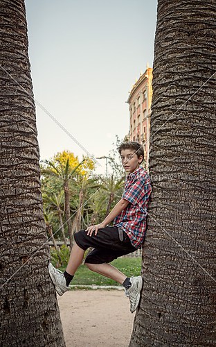 teenage boy climbing between tow palm tree&#039;s