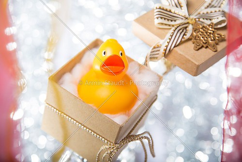 open christmas gift box with rubber duck, ribbon and bow