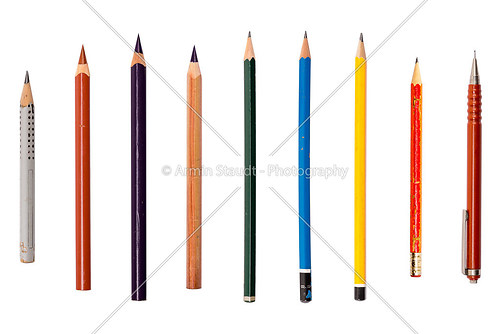 collection of different old used pencils, isolated on white
