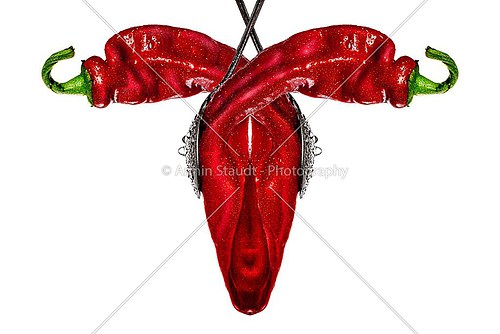 two red Bell Peppers mirrored, isolated on white