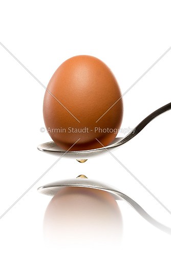 brown egg on a spoon with reflection , isolated on white