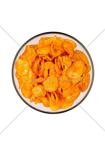 a bowl of potato chips, isolated on white