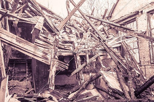 vintage shoot of a burned down house