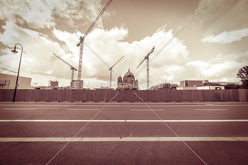 vintage style panorama of a construction site with the Berliner 