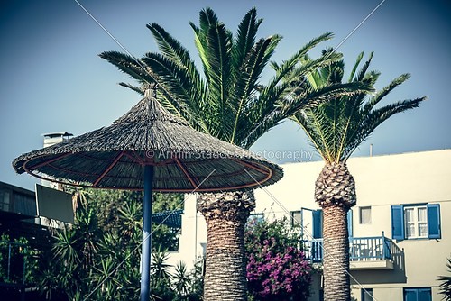 straw parasol with two palm trees and a greek house in backgroun