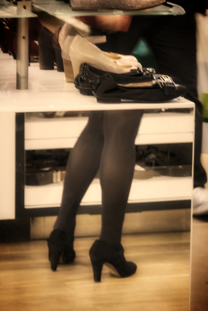 As in a dream (As in a dream) | A woman dreams of new shoes | woman, shoes, dream, fine pantyhose, soft focus, shopping, fashion, one person, reflection, mirror, adult, human leg, one woman only, high heels, indoors, business, full length
