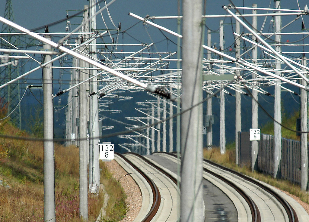 Modern Railroad I (Modern Railroad I) | Modern railroad tracks | railroad, electricity pylon, the way forward, outdoors, sky, nature, track, no people, parallel, grass