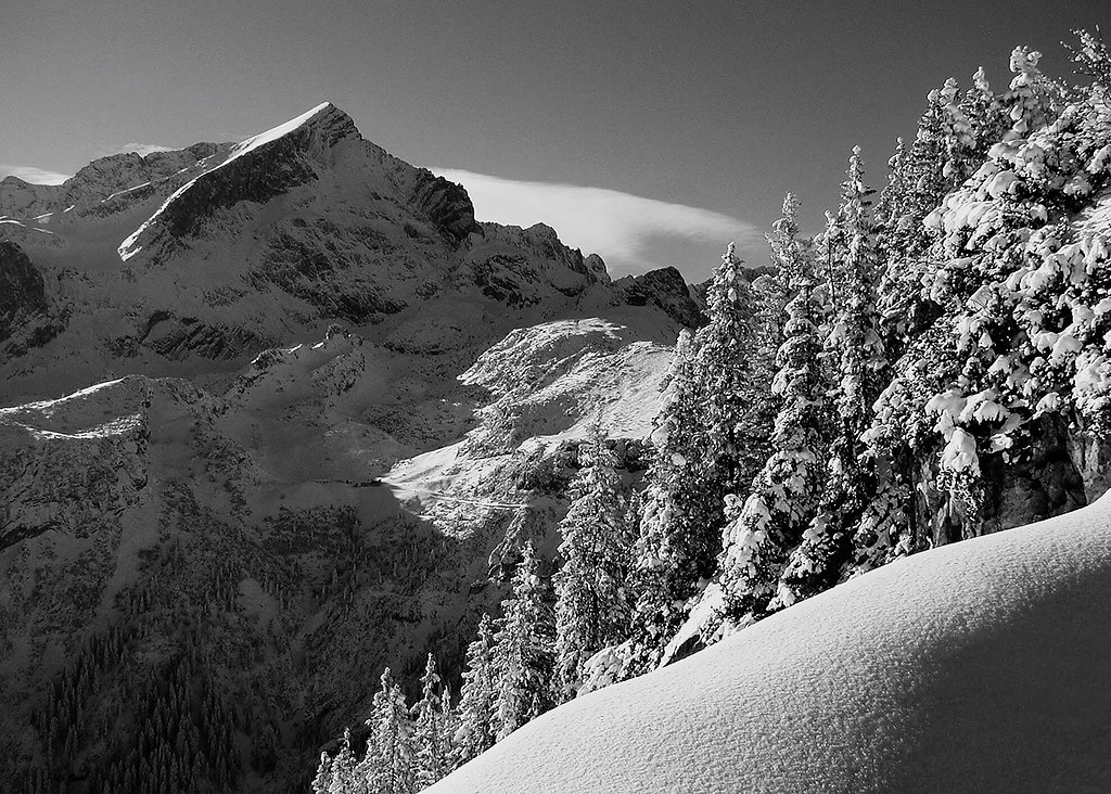 Mountain (Mountain) | Alpspitze black and white | Garmisch, Partenkirchen, Mountain, Alpspitze, snow, winter, black and white, tranquil scene, calm, destination, cold, scenic