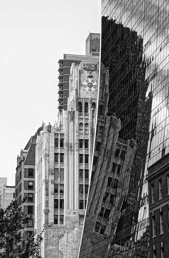 Distortion (Distortion) | Skyscraper in New York City black and white | building exterior, Architecture, City built, structure, outdoors, no people, day, skyscraper, monochrome
